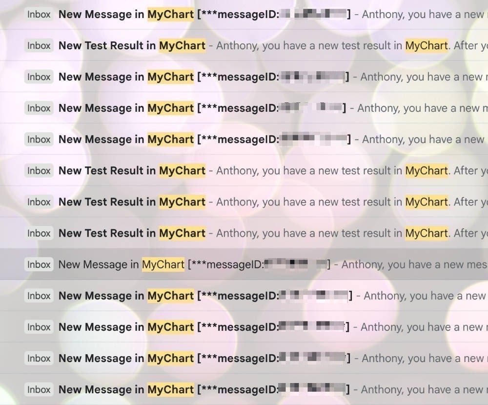 example of my inbox after searching for all of my MyCharts notes